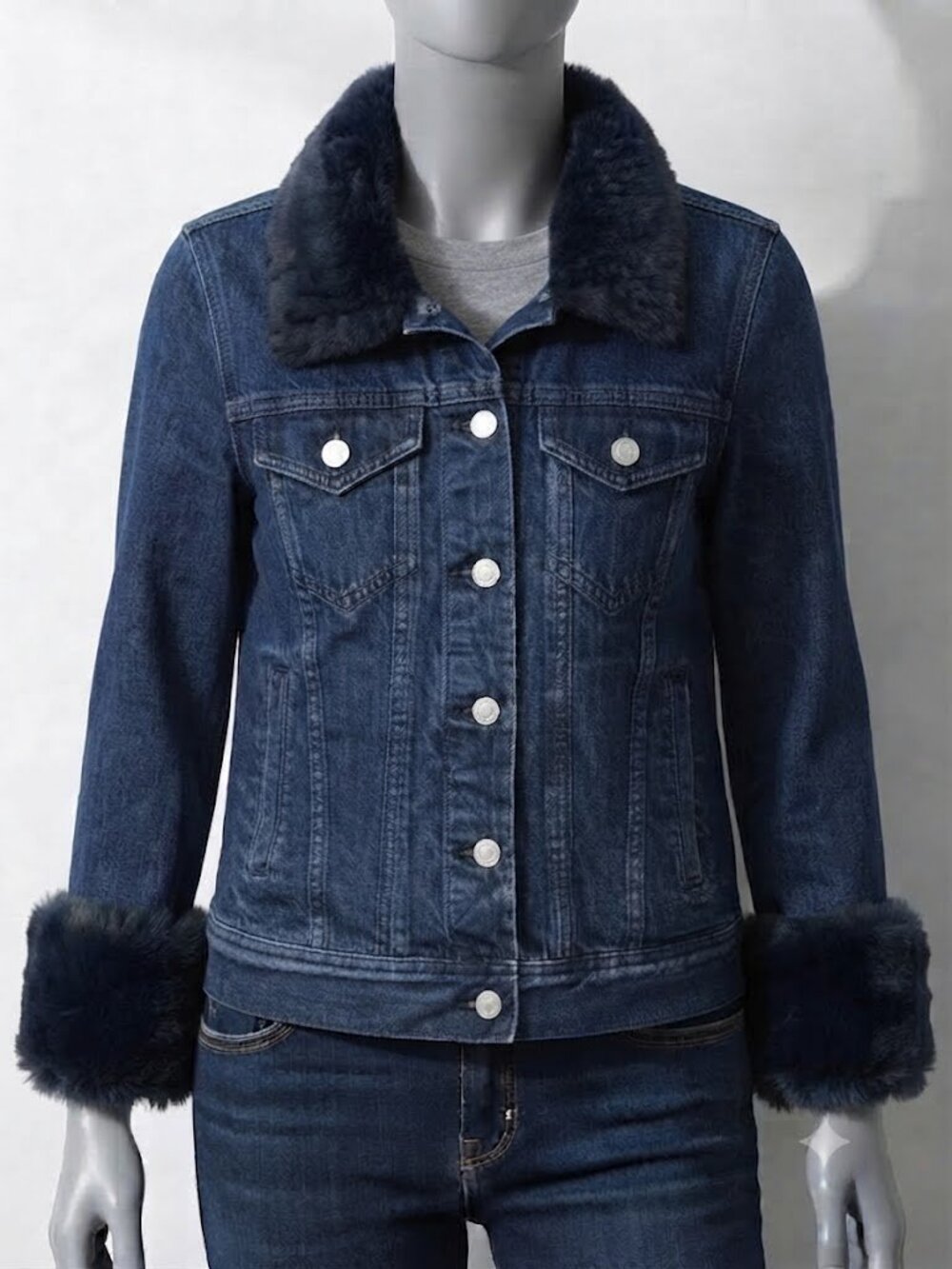 J. Crew Denim Jean Jacket With Faux Fur Collar & Cuffs Women's 2XS XXS